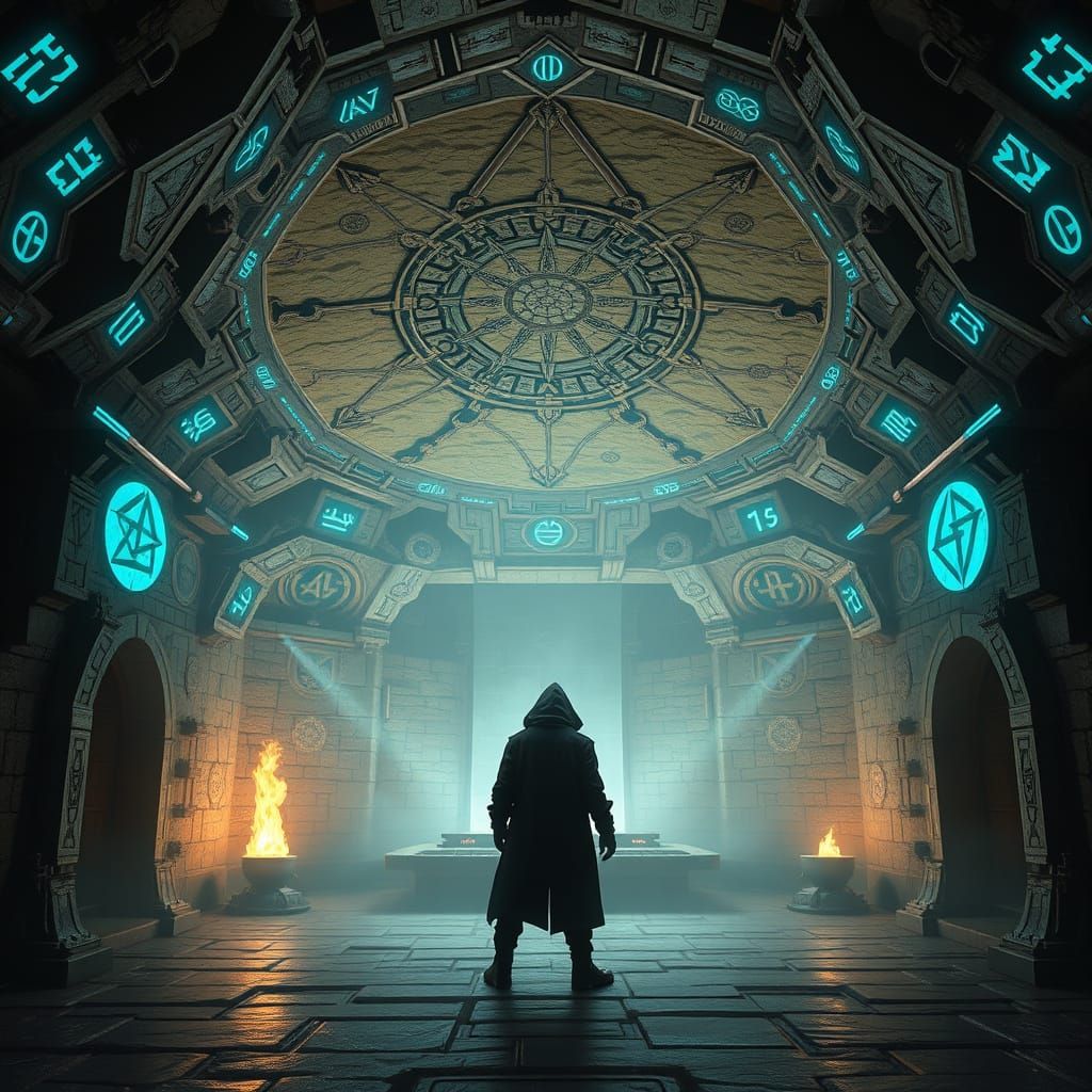 A Futuristic Arcane Forge Illuminated by Magical Glyphs