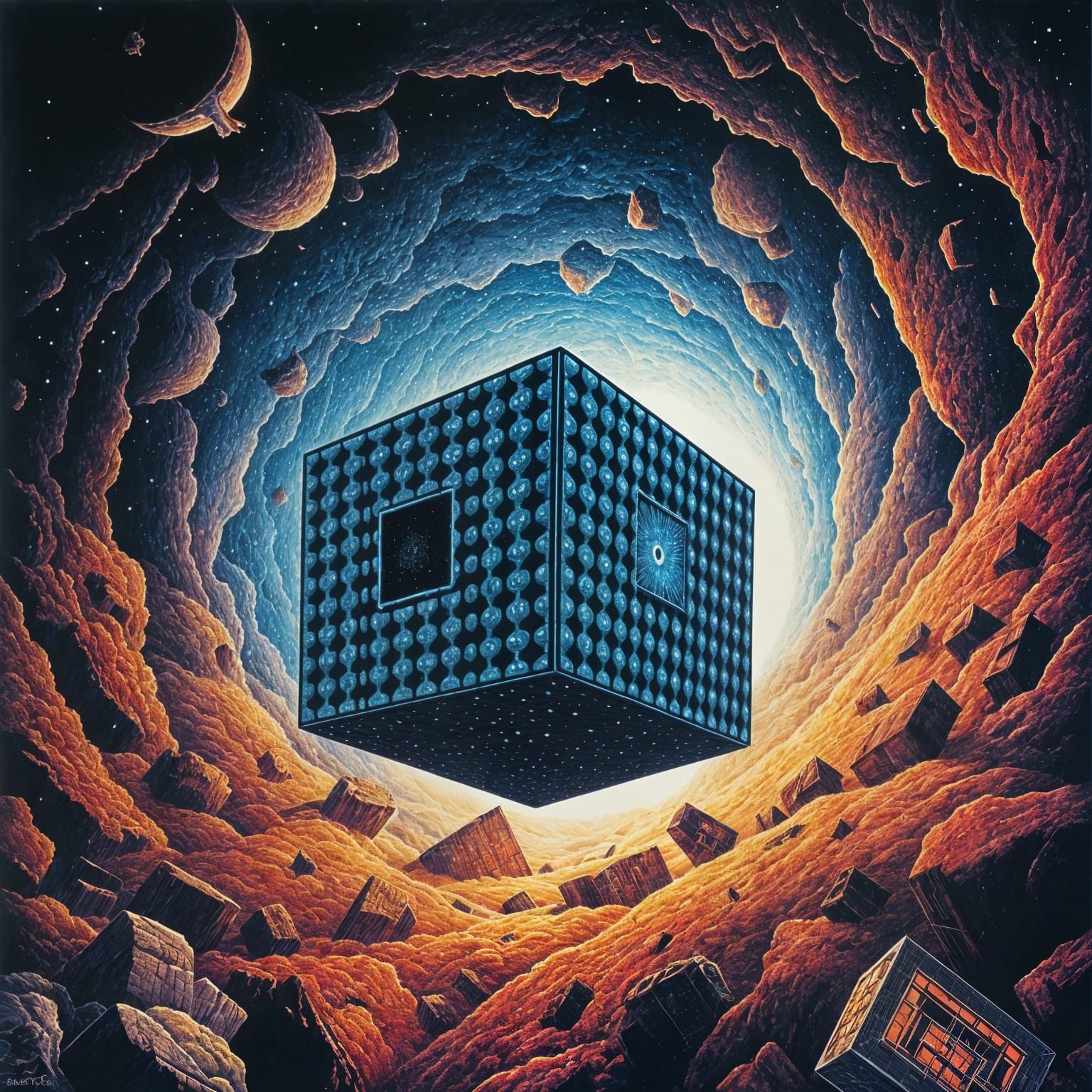 Pointillist Borg Cube Emerge from a Wormhole
