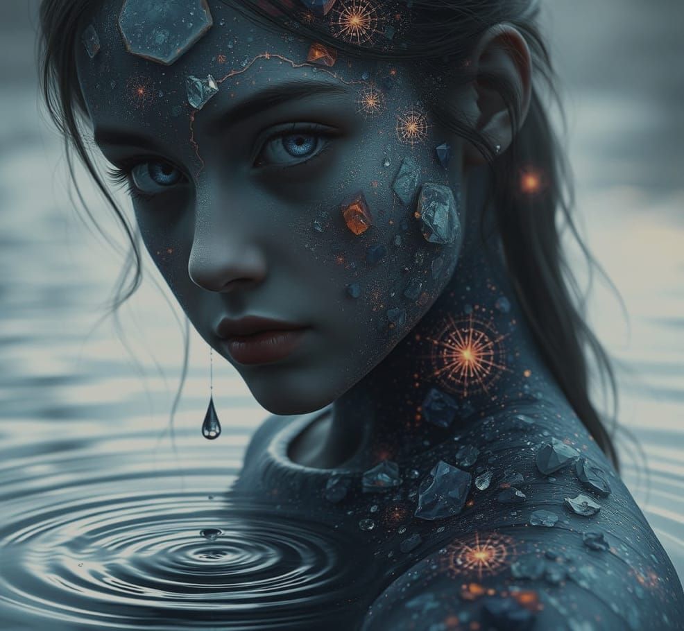 Ethereal Girl with Crystal Skin and Teardrop in River