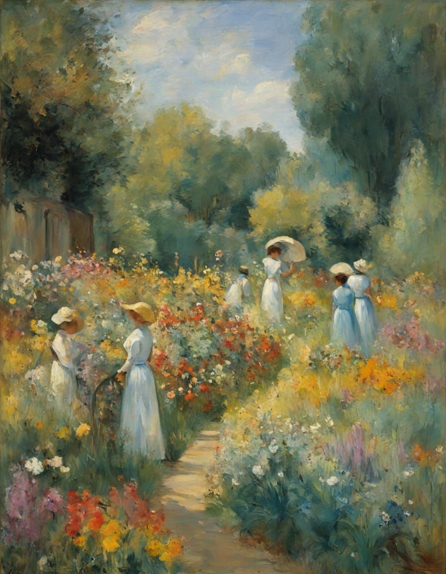 Impressionist Women in Parisian Garden with Flowers