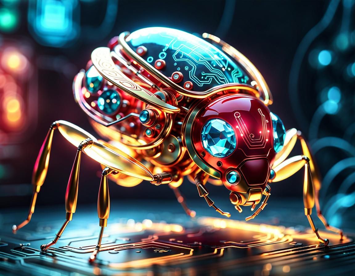 Chibi Circuit Bug with Crimson Glow in Steampunk Style