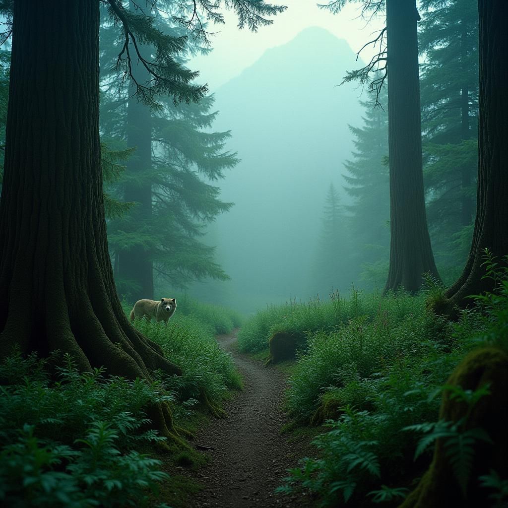 Mystical Forest Trail with Glimpse of Wolf