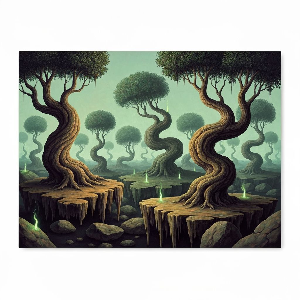 Surreal Dreamscape with Twisted Trees and Melting Rocks
