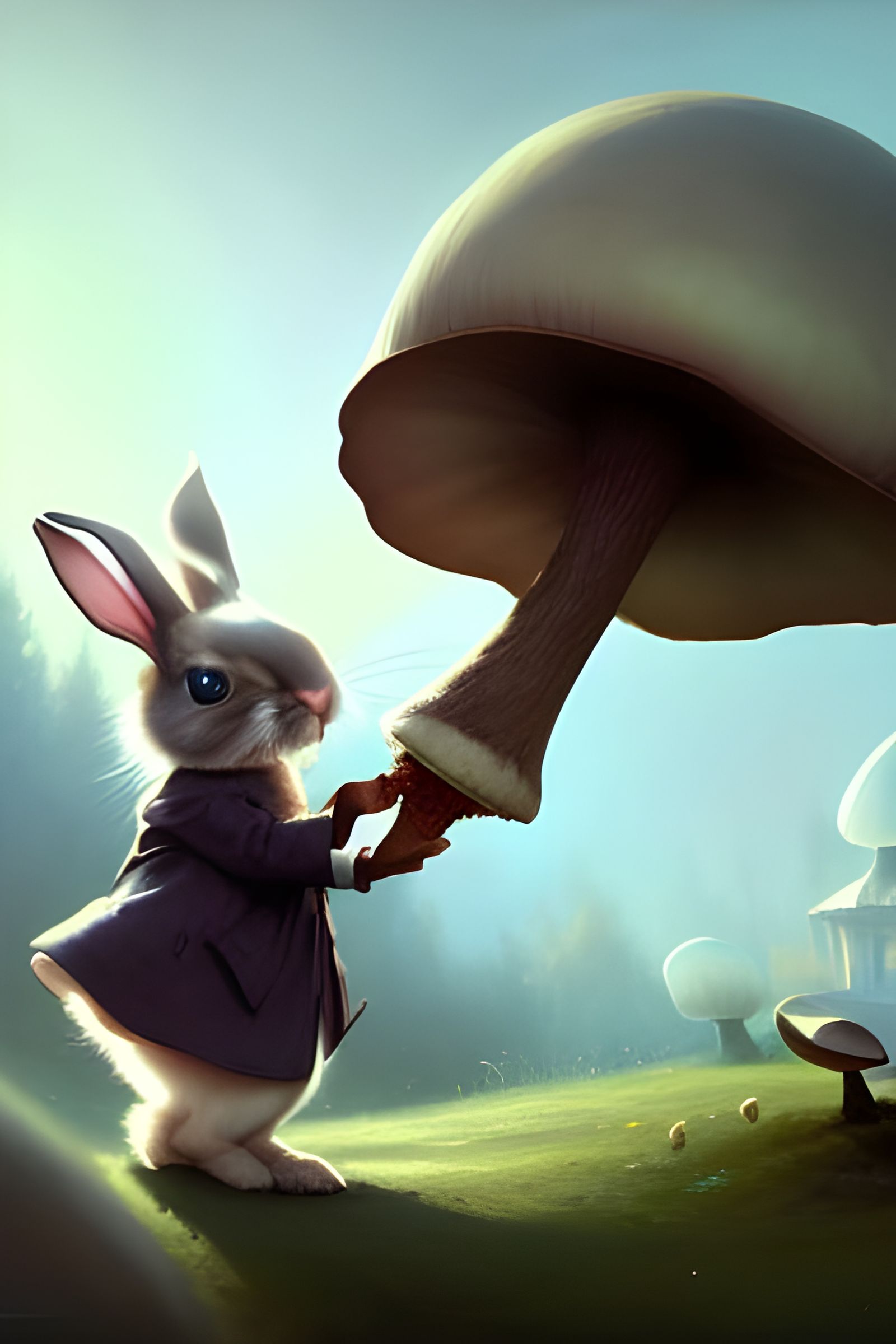 Victorian Bunny Playing by Giant Mushroom