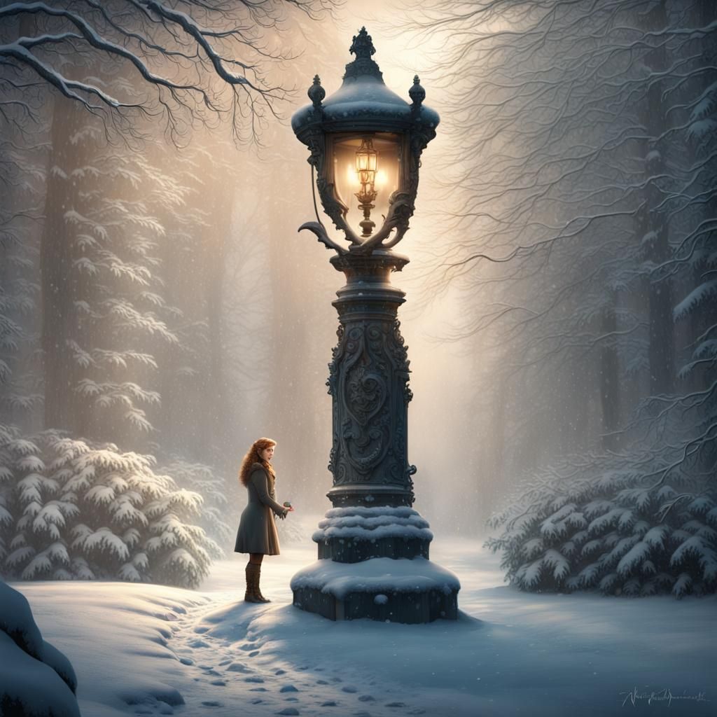 Narnia Scene: Lucy, Lamp Post, Faun in Snow