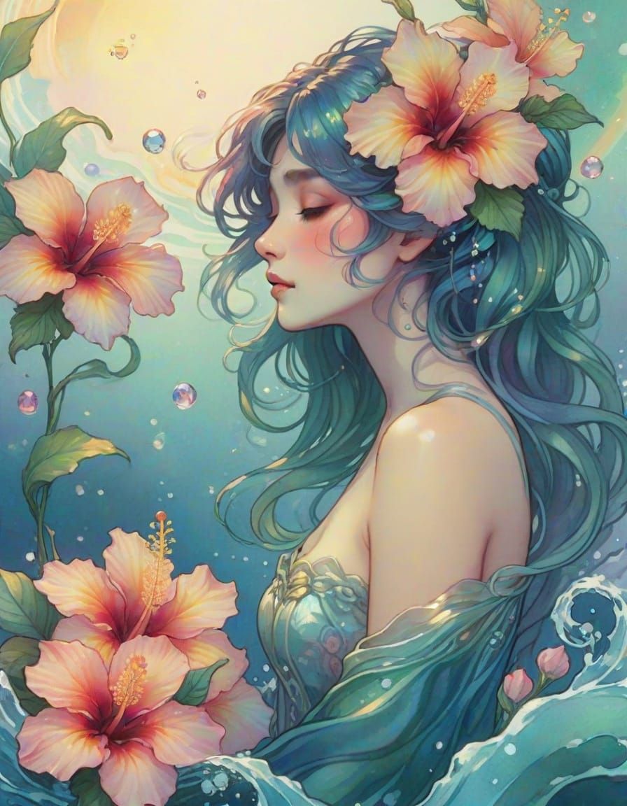 Watercolor Art Nouveau Woman Rises from the Sea