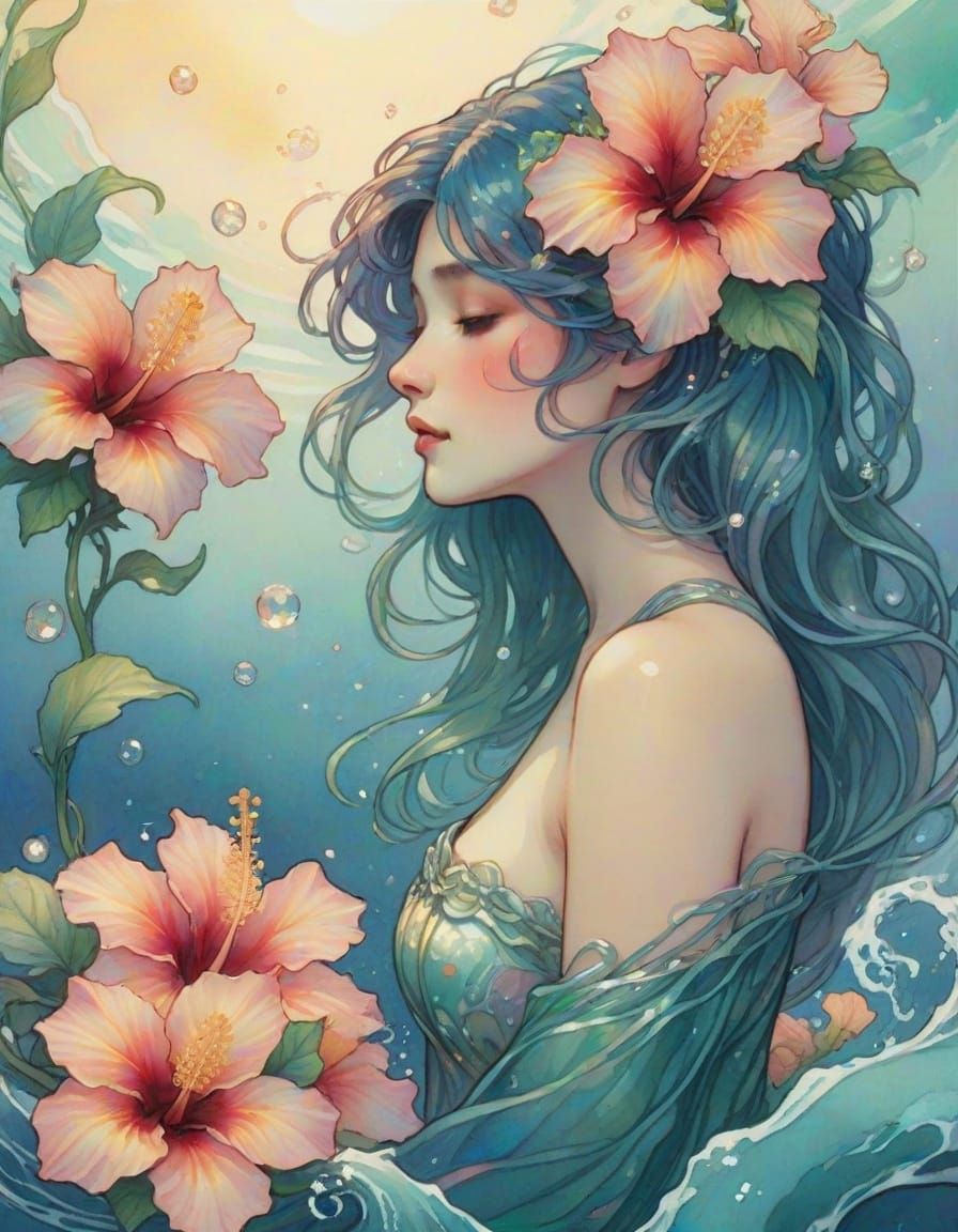 Ocean Woman with Seaweed Hair in Art Nouveau Style