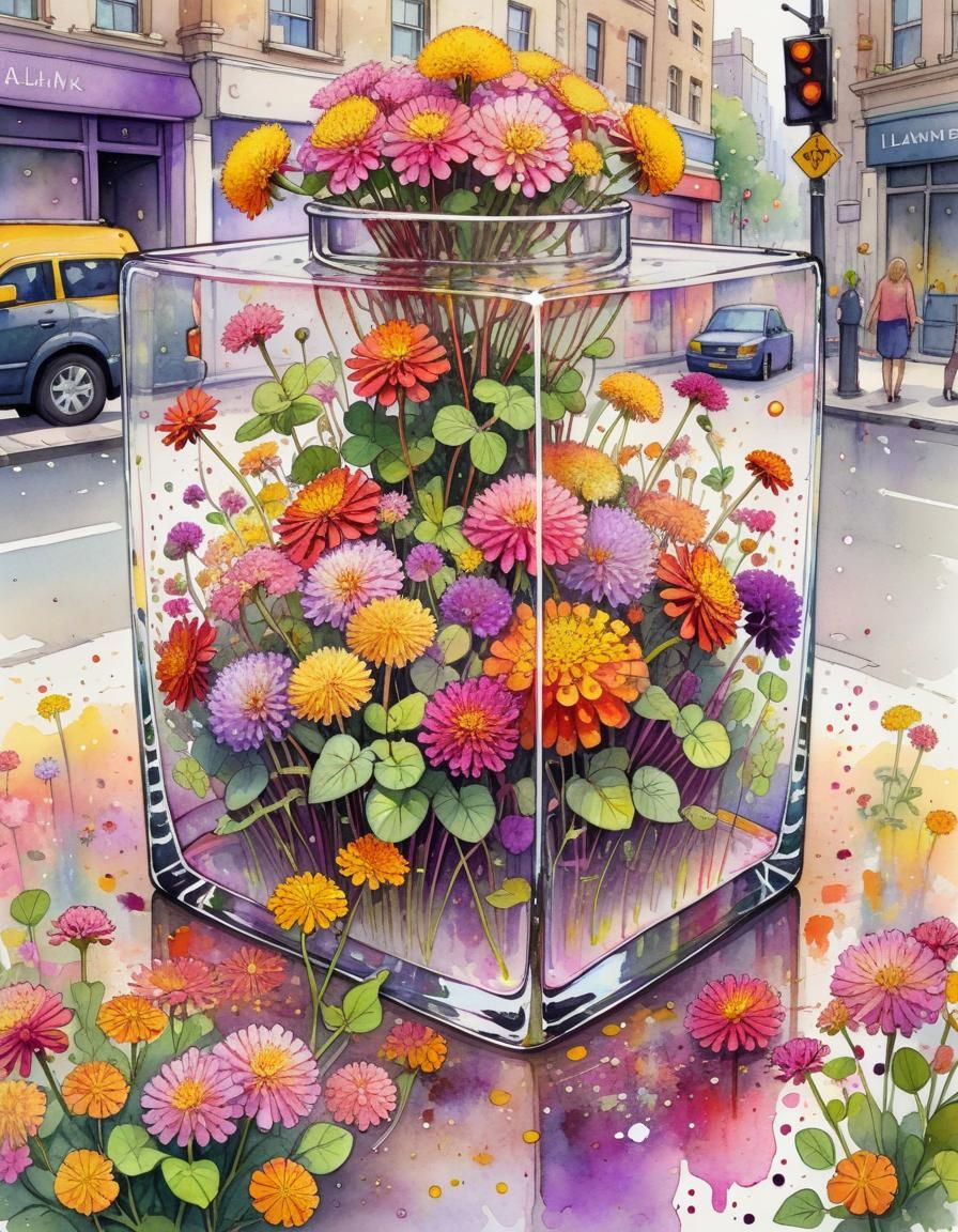 City Street Flowers in Watercolor Storybook Illustration