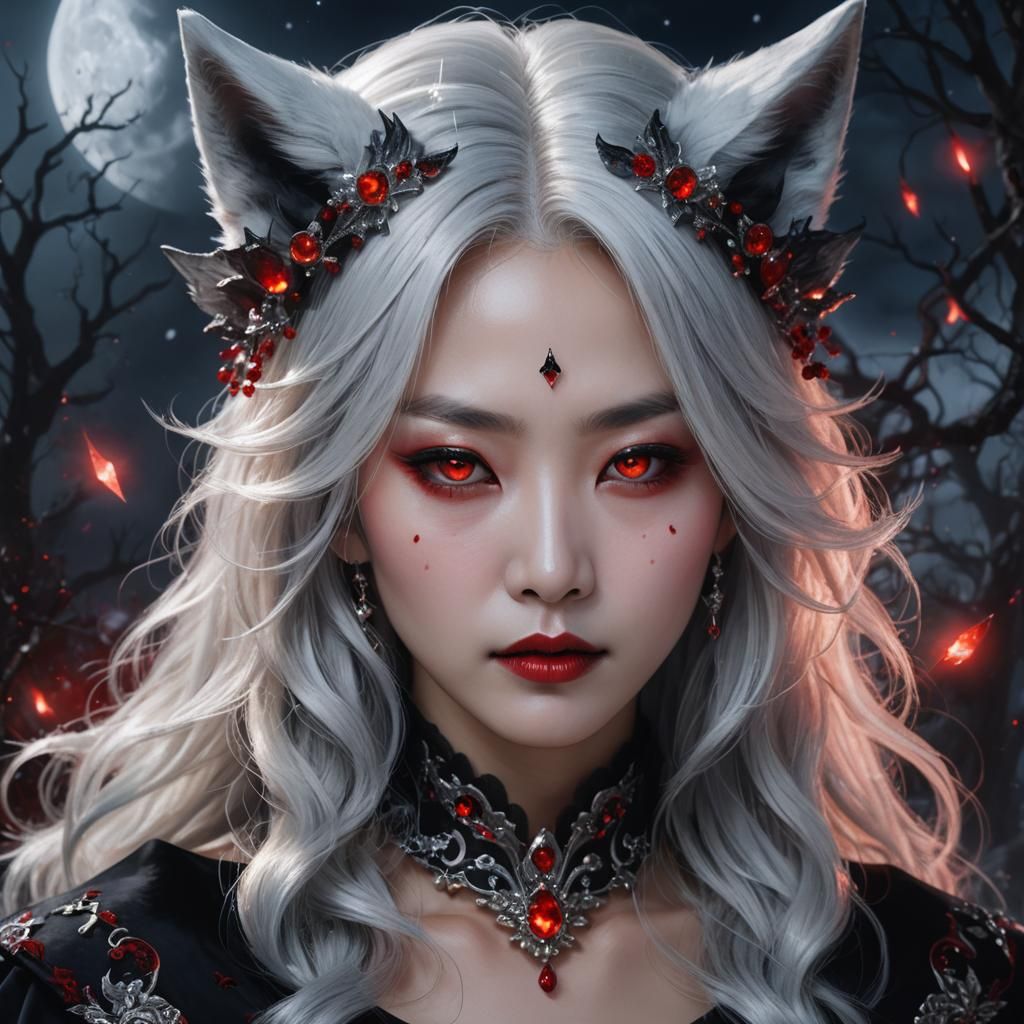 Korean Vampire Queen with Silver Hair in Digital Art