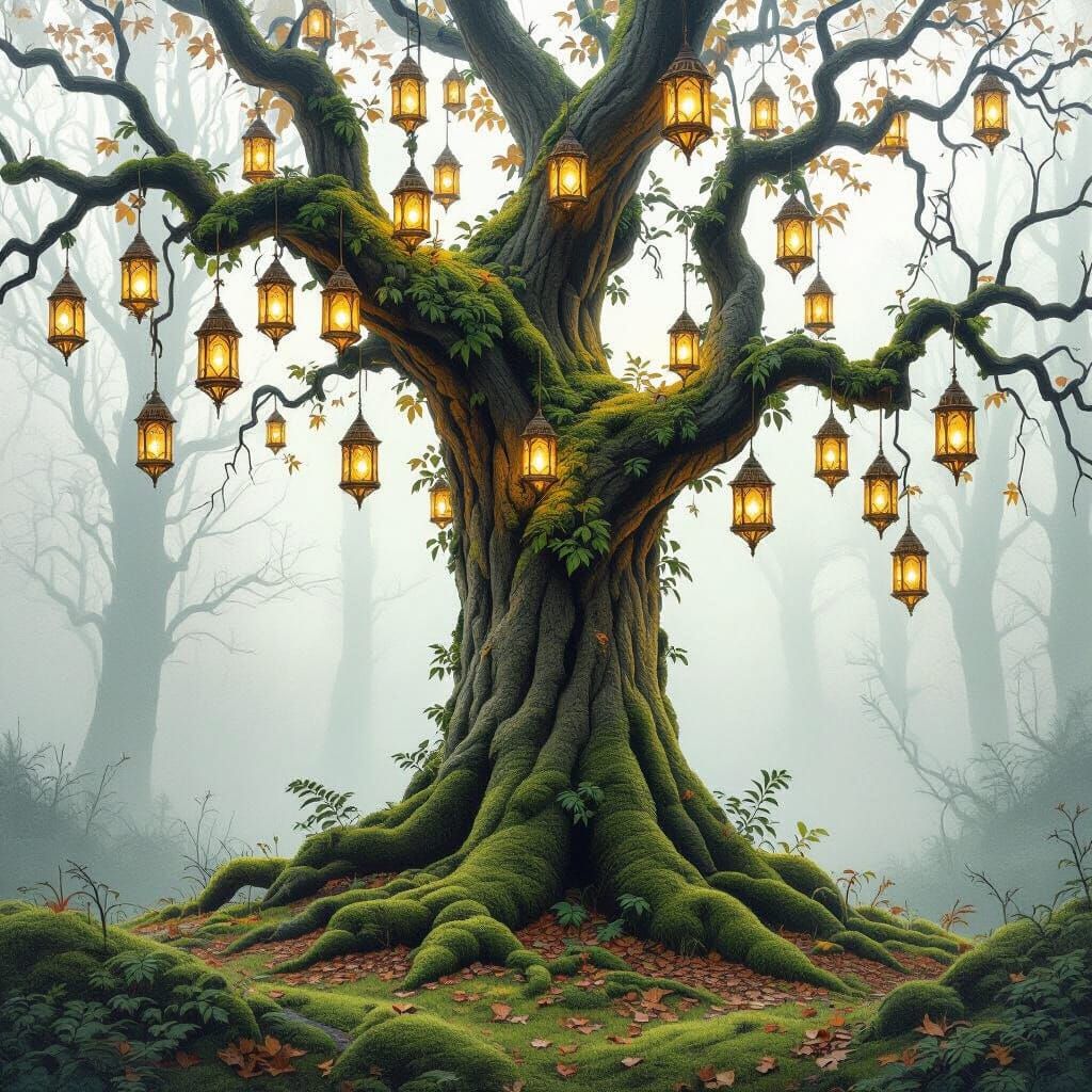 Ethereal Lantern Tree in Misty Forest Clearing