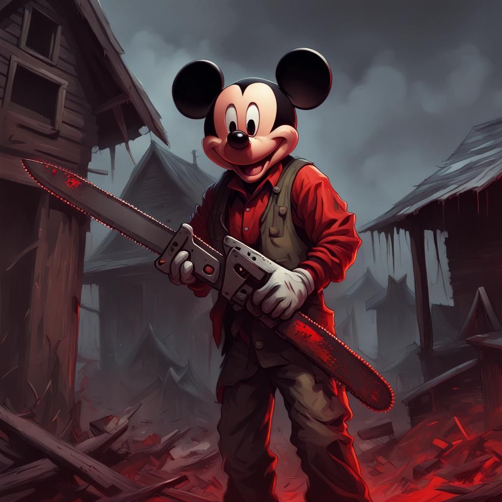 Psychopathic Mickey Mouse with Chainsaw, Hyperdetailed Art