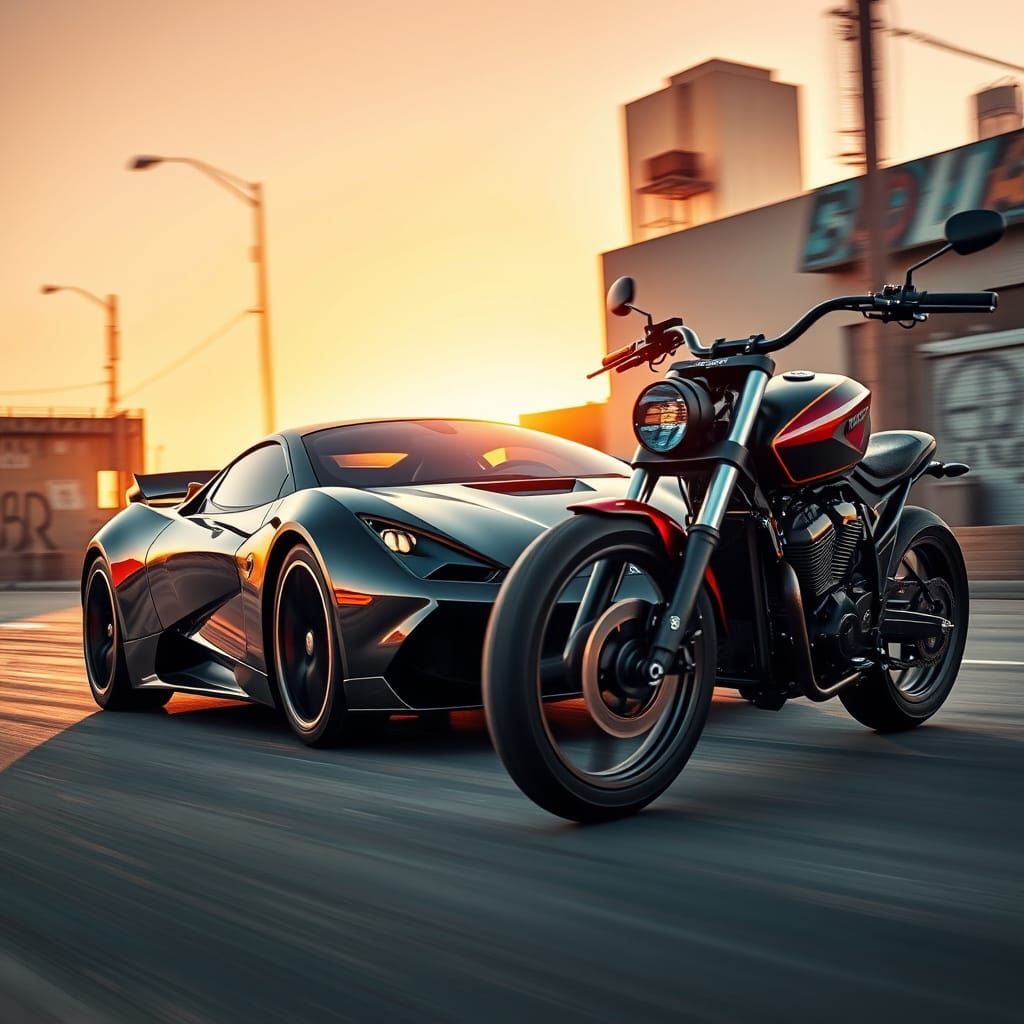 Futuristic Sports Car and Custom Motorcycle