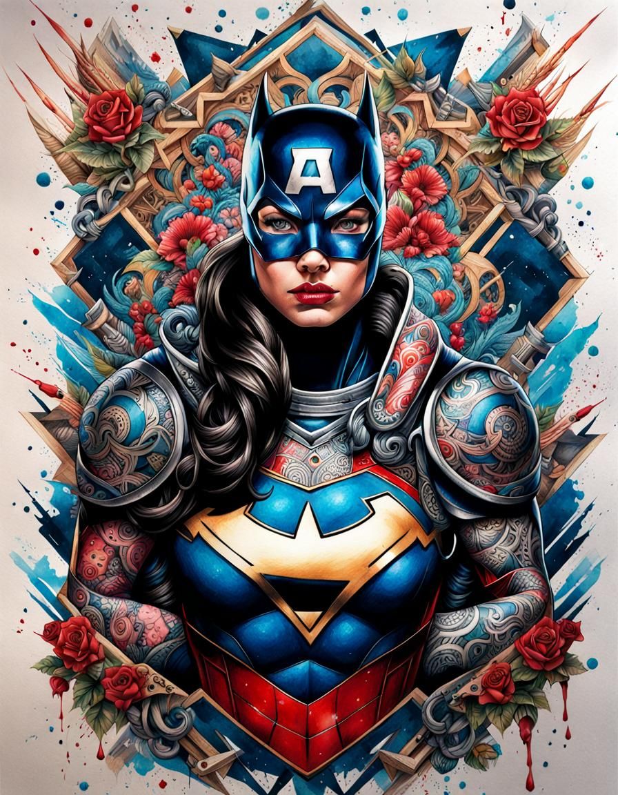 Tattooed Superheroine: Detailed Sketchpad Drawing