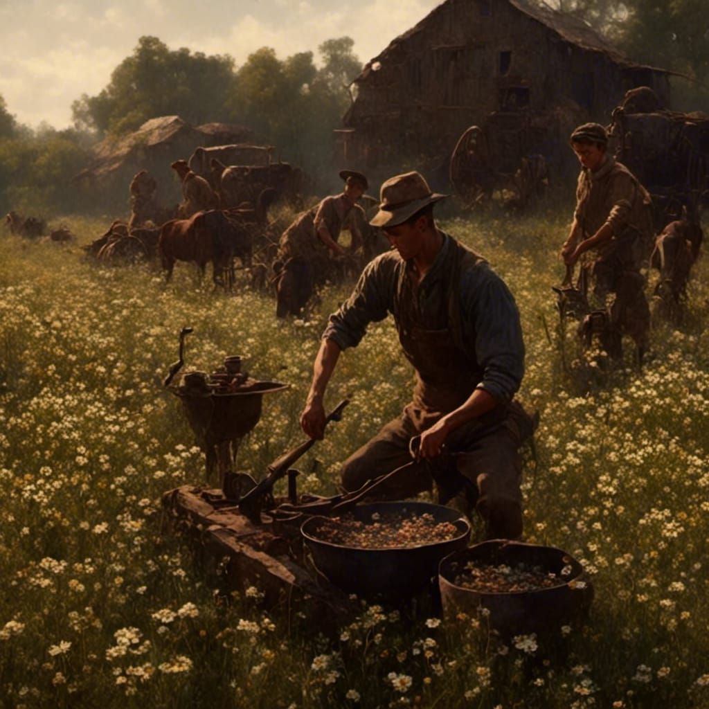 Blacksmith at Anvil in Daisy Field