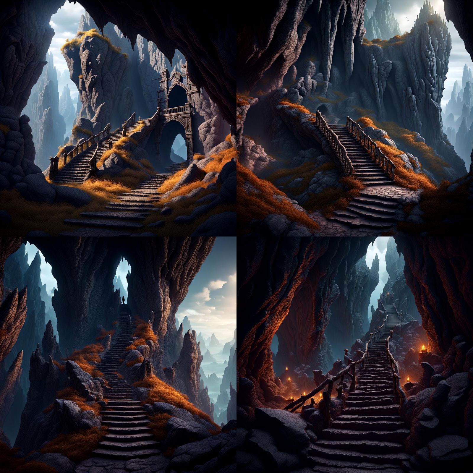 Winding stairway up jagged sharkstooth mountains to a dark m...