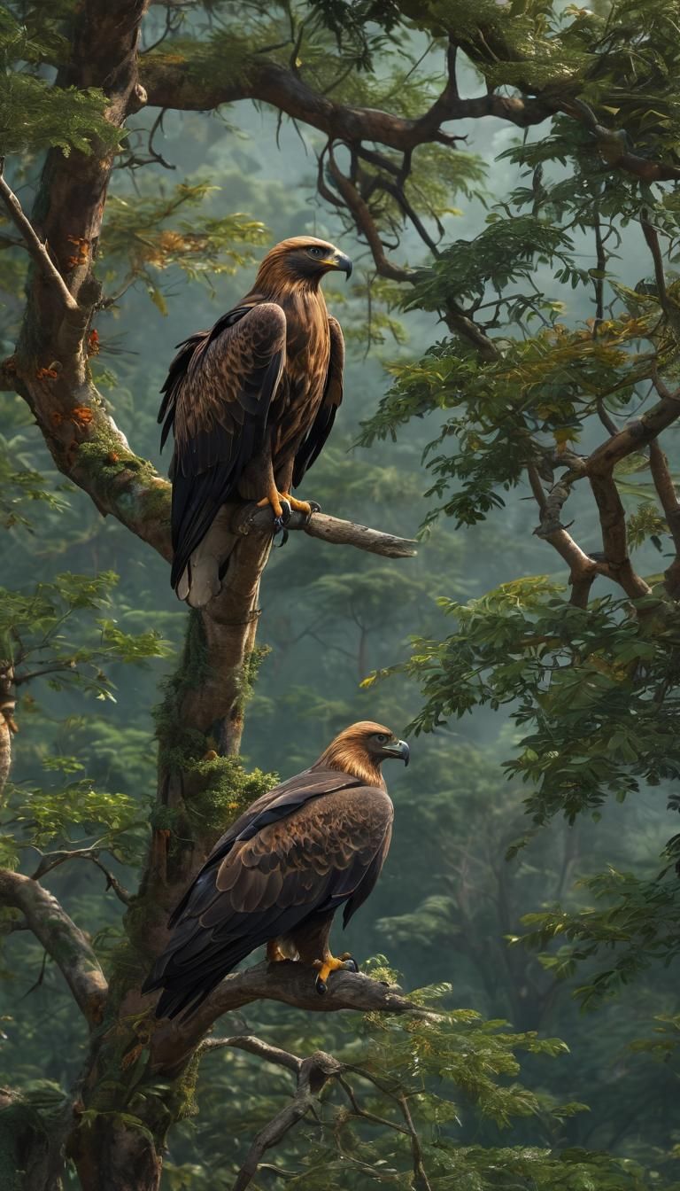 A golden eagle perches atop a high tree branch, its sharp ey...