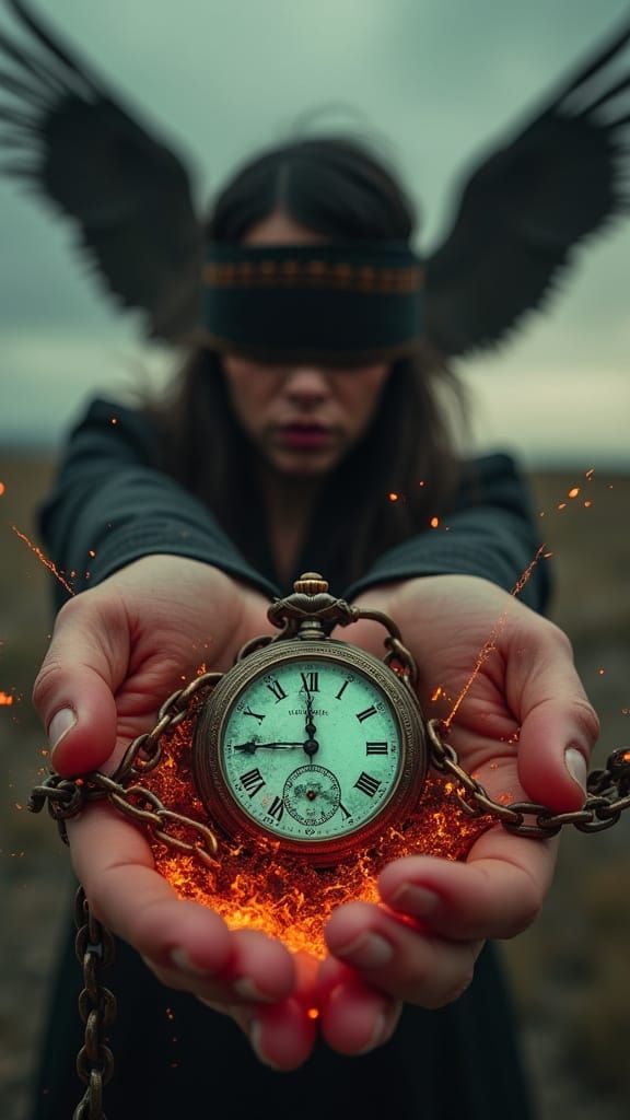 Woman's Hands Shattering Chains Near Glowing Pocket Watch