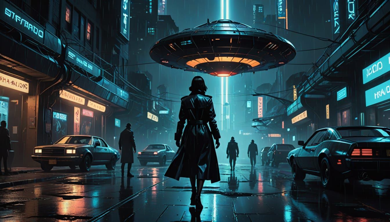 Agent Beneath UFO in Neon City