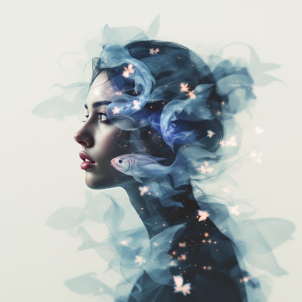 Surreal Zodiac Portrait in Ethereal Double Exposure