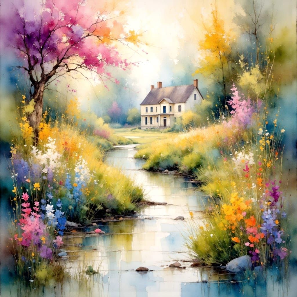 Georgian Manor House and Garden in Watercolor Style
