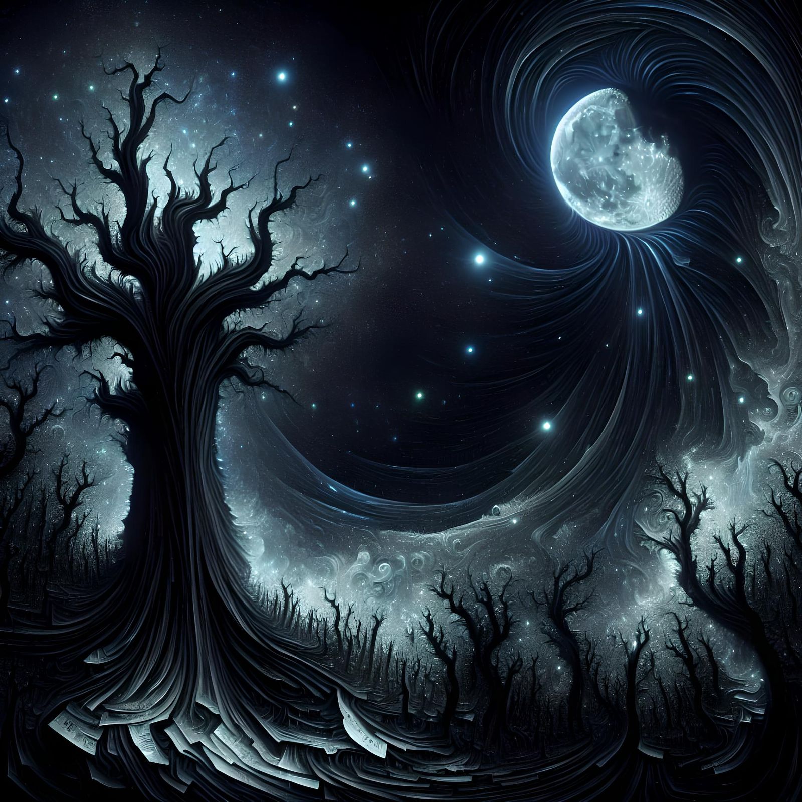 Macabre Blue Moon Over a Haunted Forest