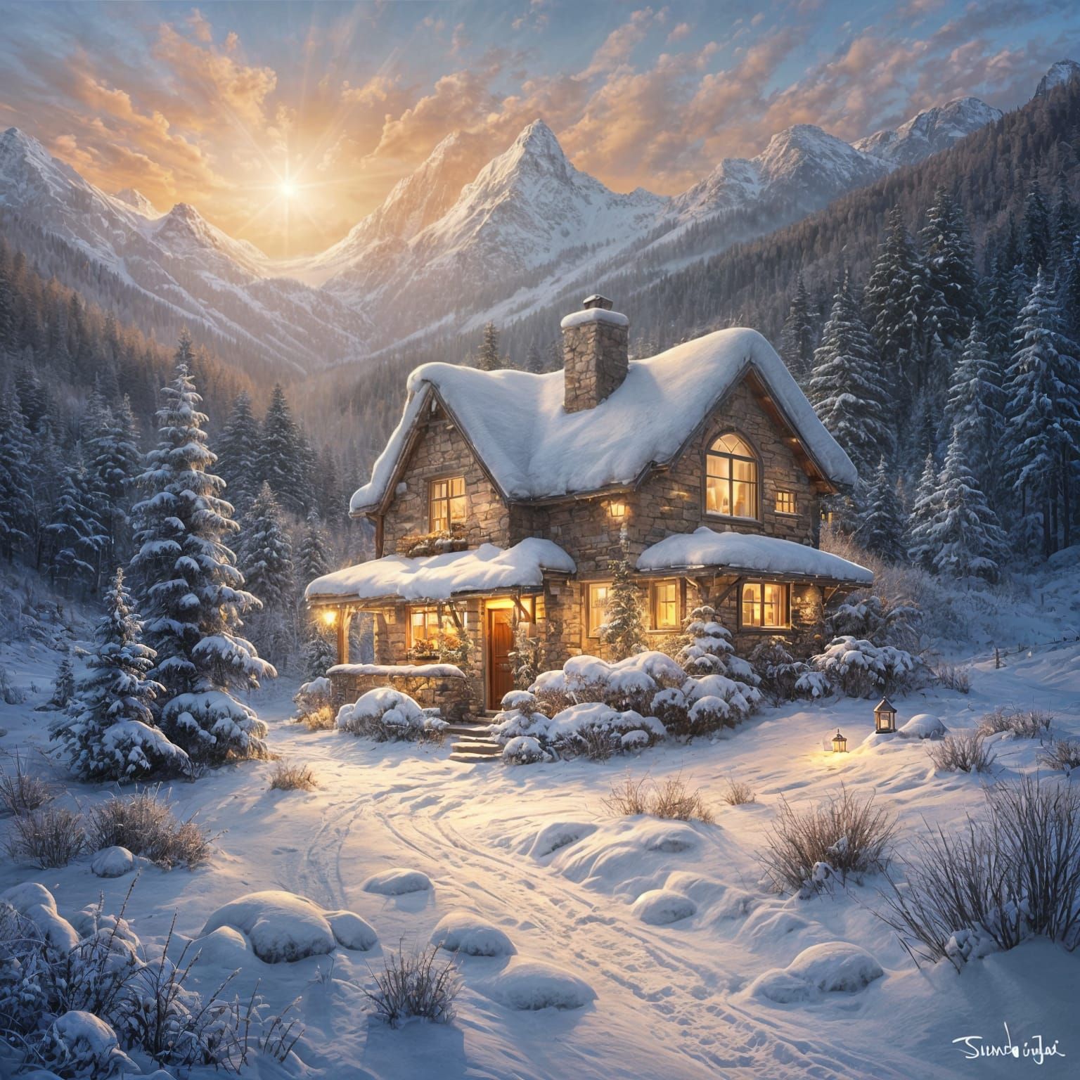 Winter Wonderland Cottage Amidst Fireworks and Heavenly Glow