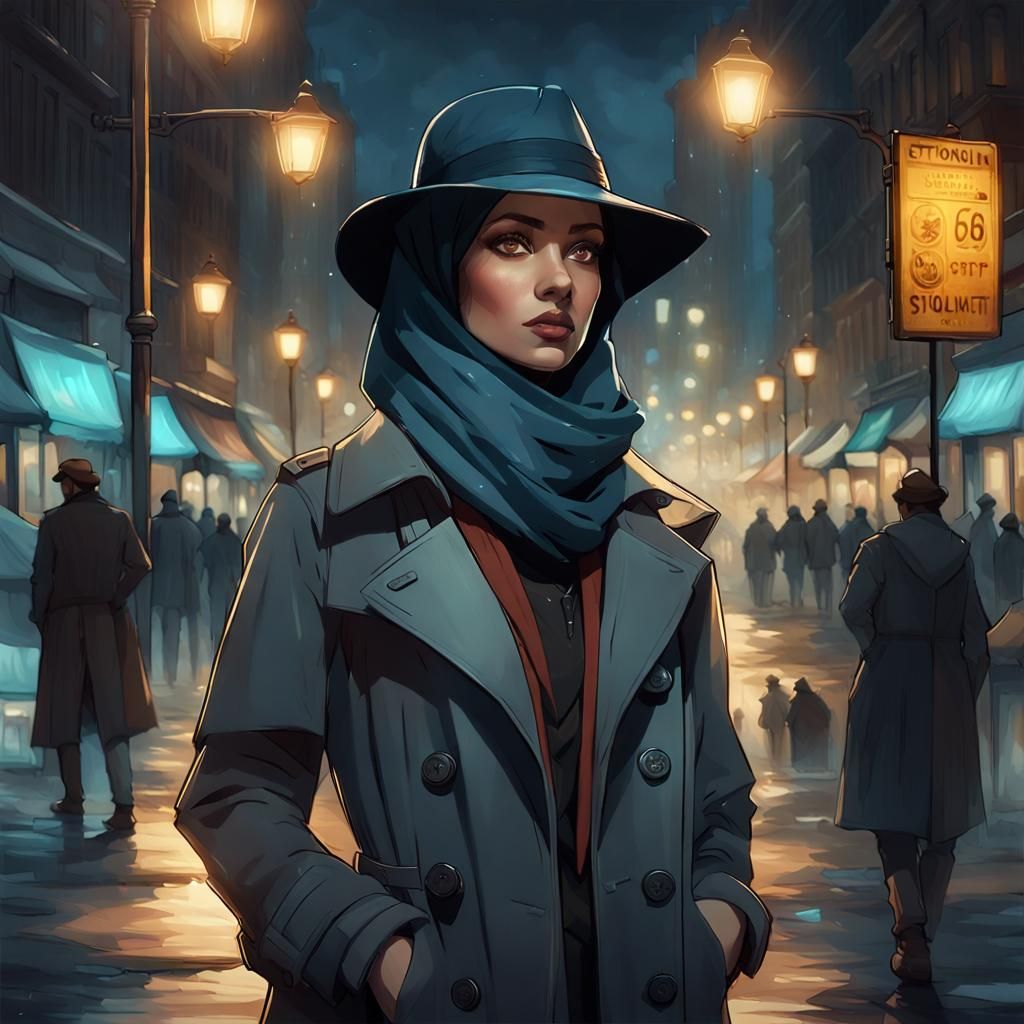 Beautiful Hijabi Detective in Gritty City, Digital Art