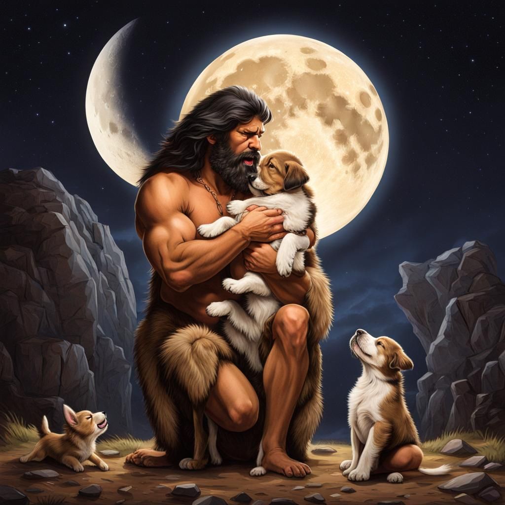 Caveman Presents Howling Puppy to the Moon