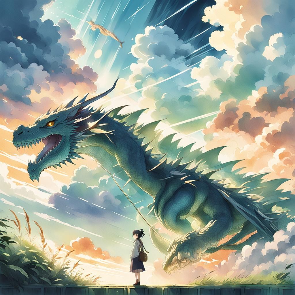 Anime Goddess Rides Majestic Dragon Through Wondrous Skies