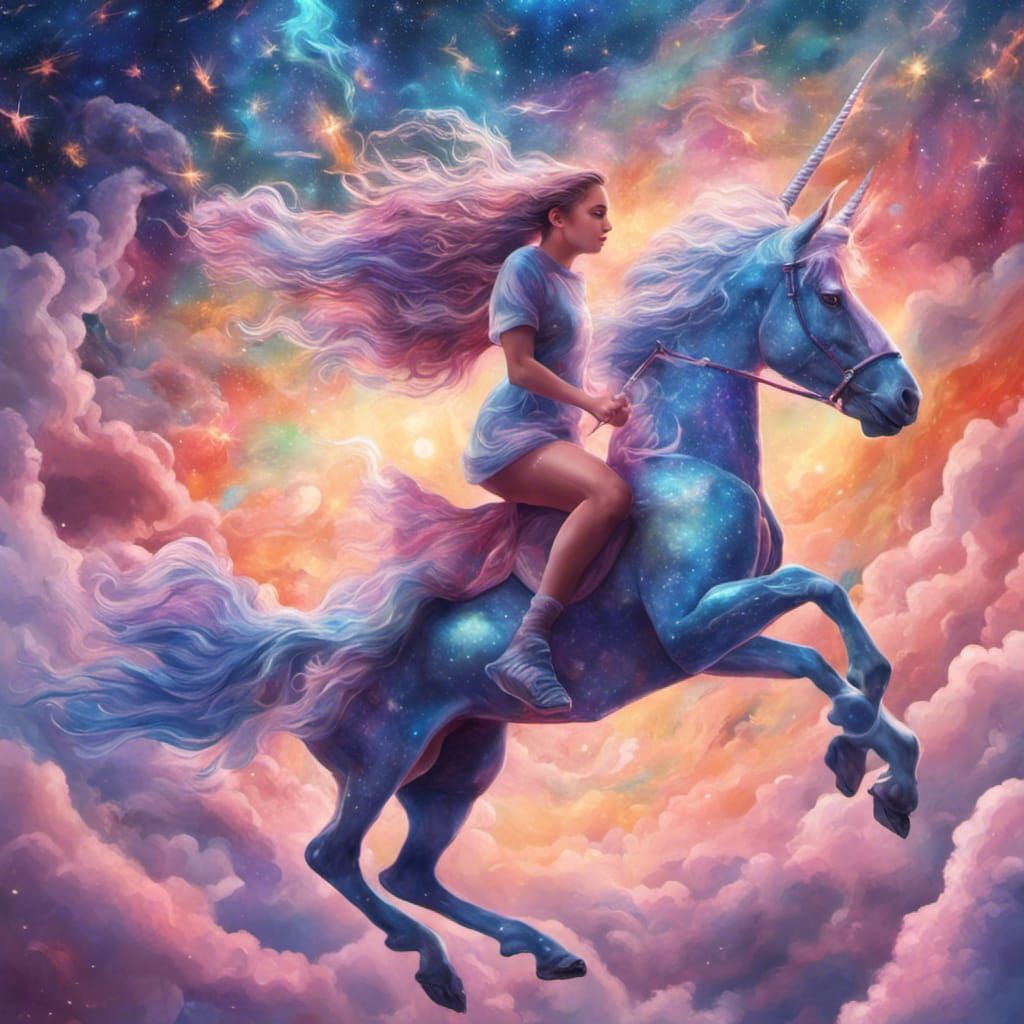 Girl and Unicorn Fly: Cosmic Holographic Illustration