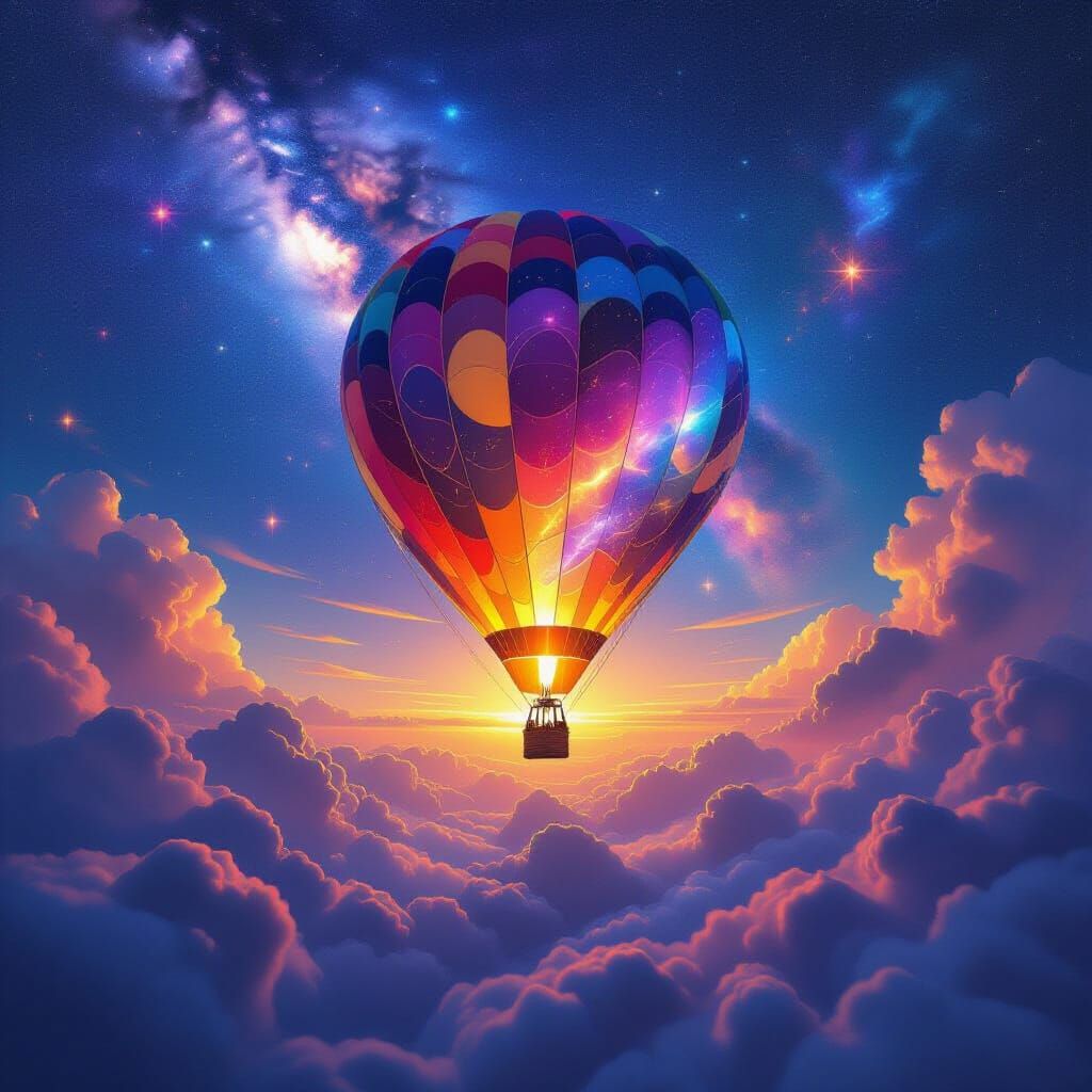 Hot Air Balloon in Starry Astral Landscape