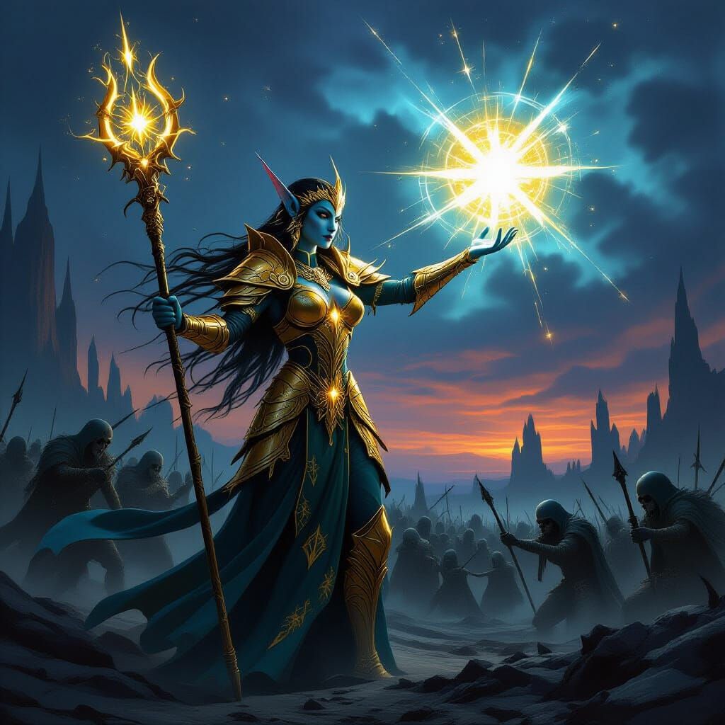 Night Elf Priestess Fights Undead in Dark Fantasy Style