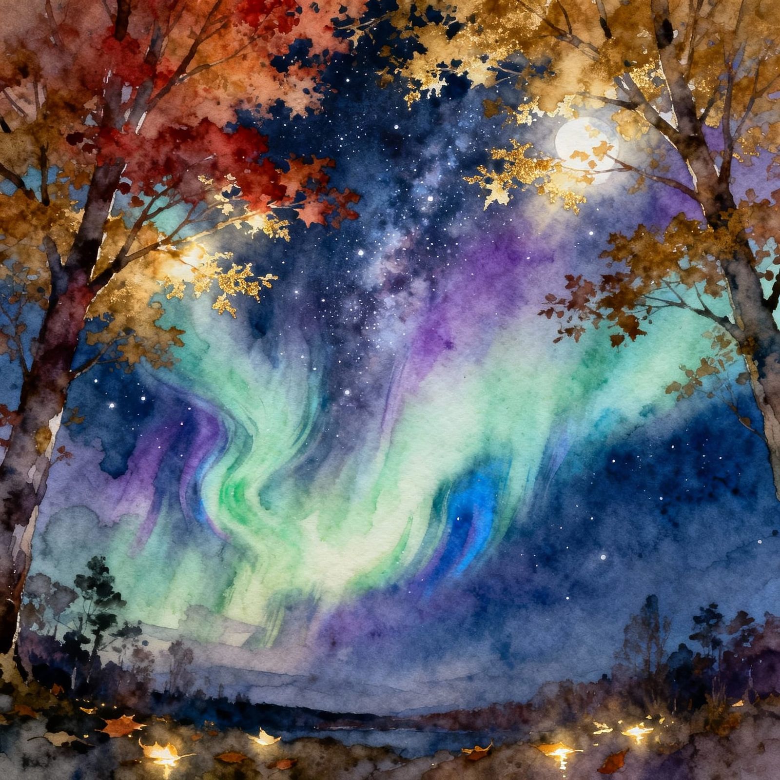 A tranquil night scene painted in watercolor — autumn trees ...