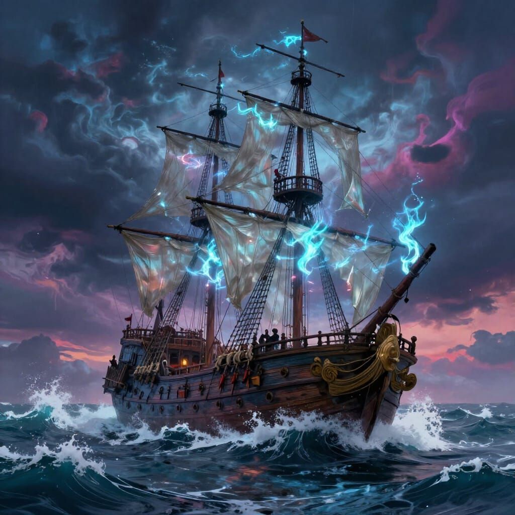 Pirate Ship Battles Storm with Ethereal Fire