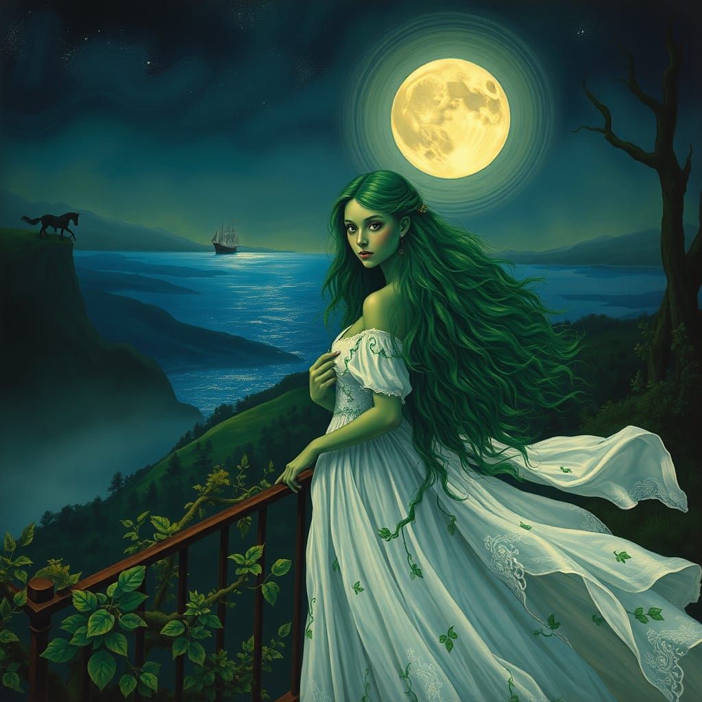 Enchanted Green Goddess in a Dreamlike Landscape