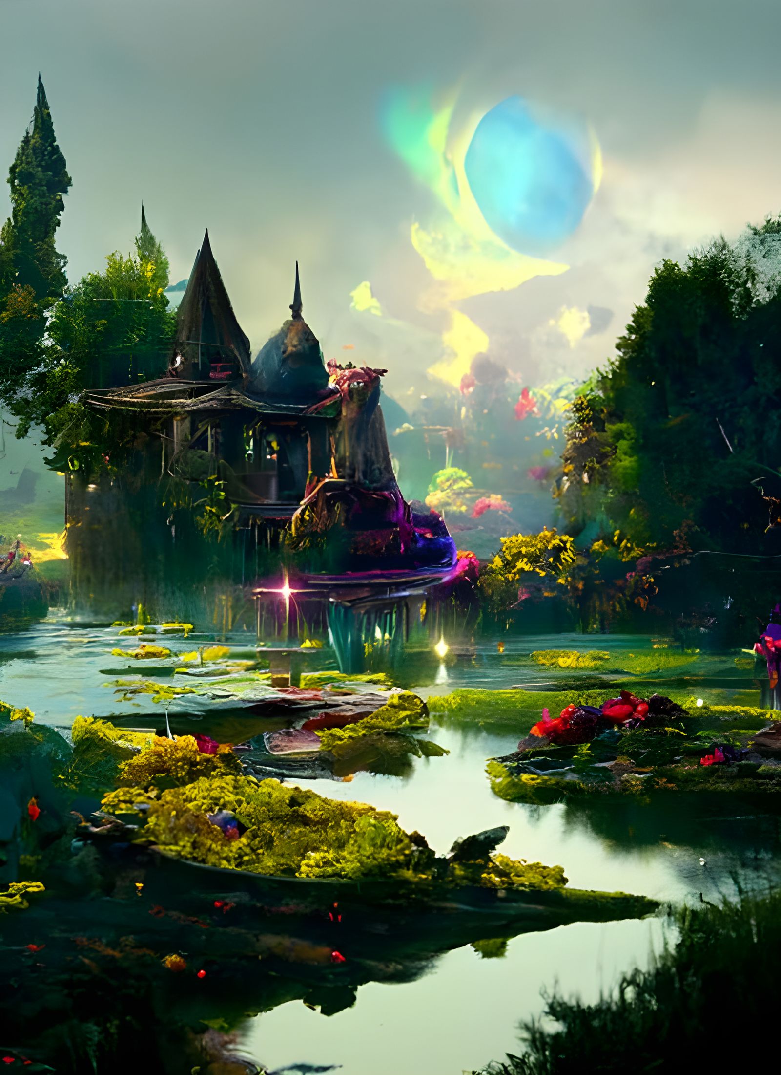 Magical Cottage and Iridescent Pond at Night