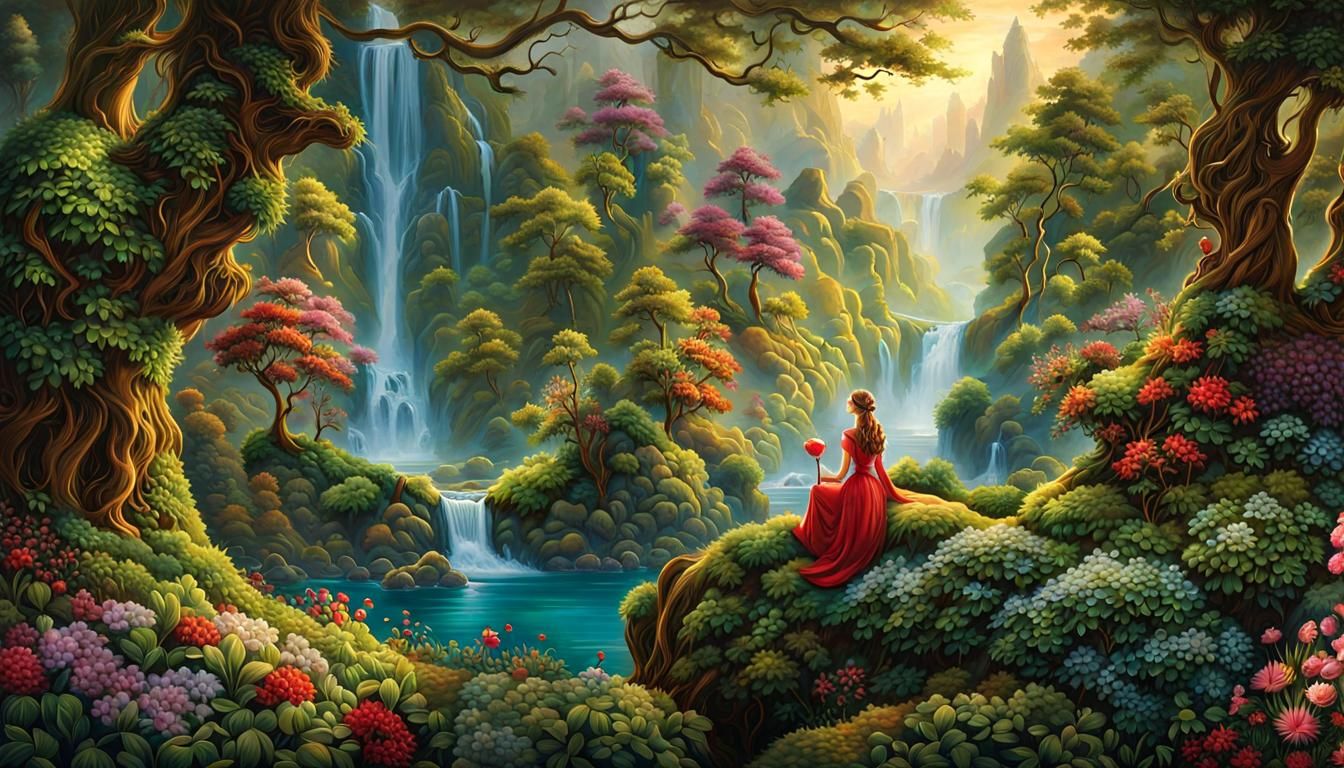 Landscape with Waterfalls in Fantasy Art Style
