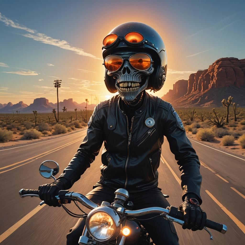 Alien Biker Rides Arizona Highway in Hyperrealism
