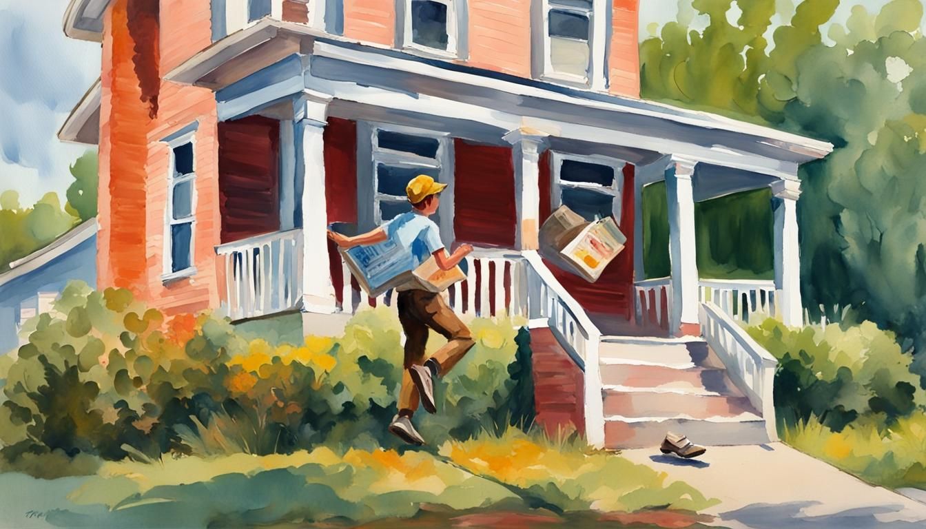 Paperboy in Gouache Style Delivers Newspapers