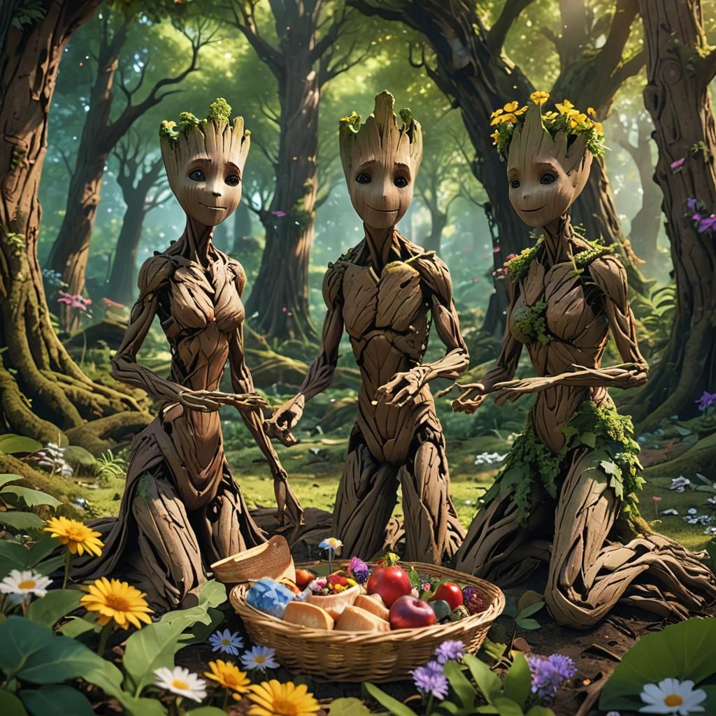 Groot Family Picnic in Lush Forest: 3D Anime Art