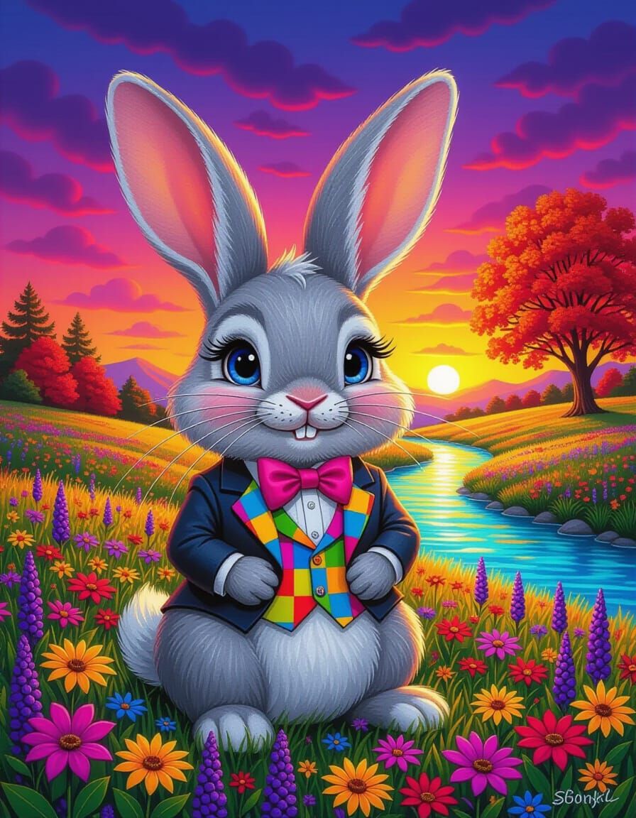 Pixar-Inspired Rabbit in Rainbow Vest by Sunset