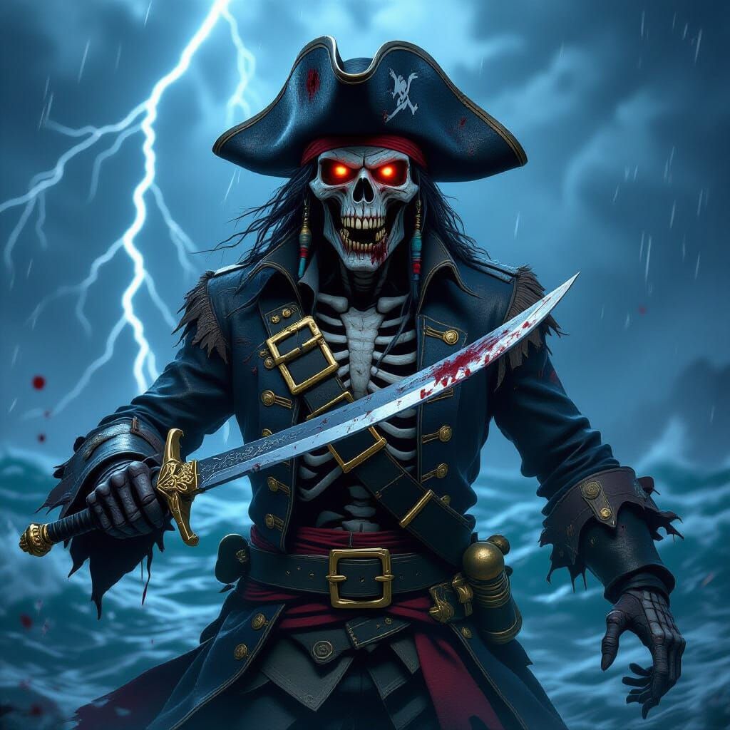 Skeletal Zombie Pirate Captain with Cutlass in Storm