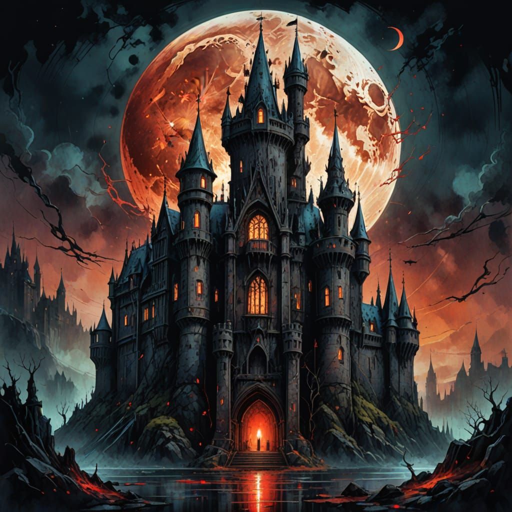 Gothic Castle Illuminated by a Bloodmoon in a Hyper-Detailed...