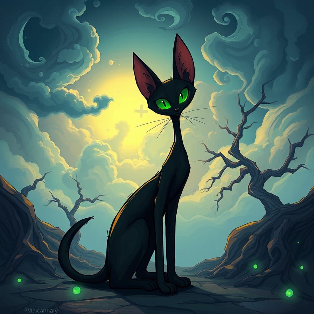 Black Cat in Surreal Fantasy Landscape