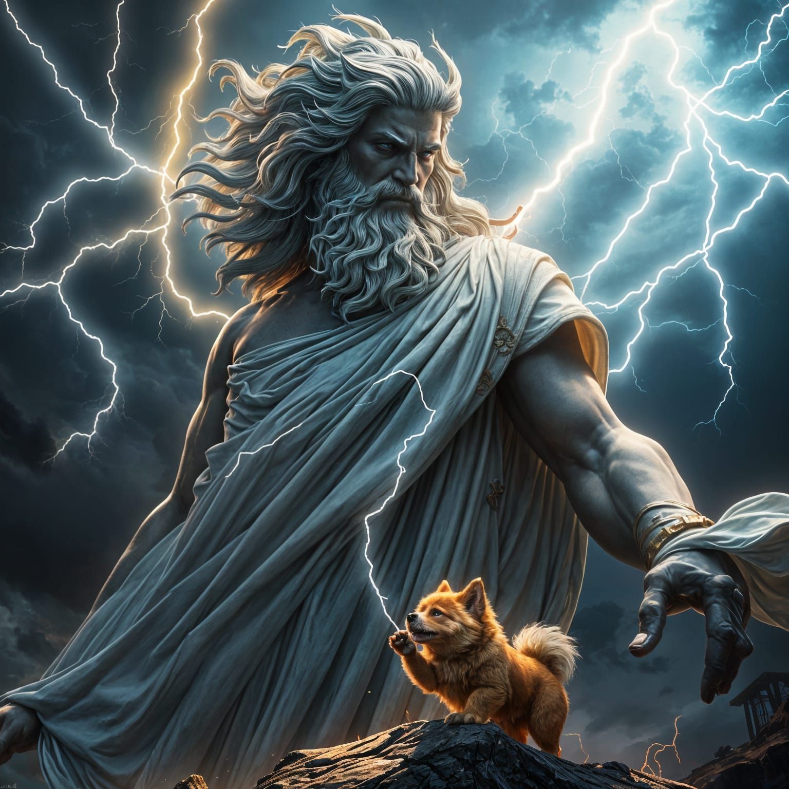 Zeus's Surprised Reaction in a Fantastical Storm