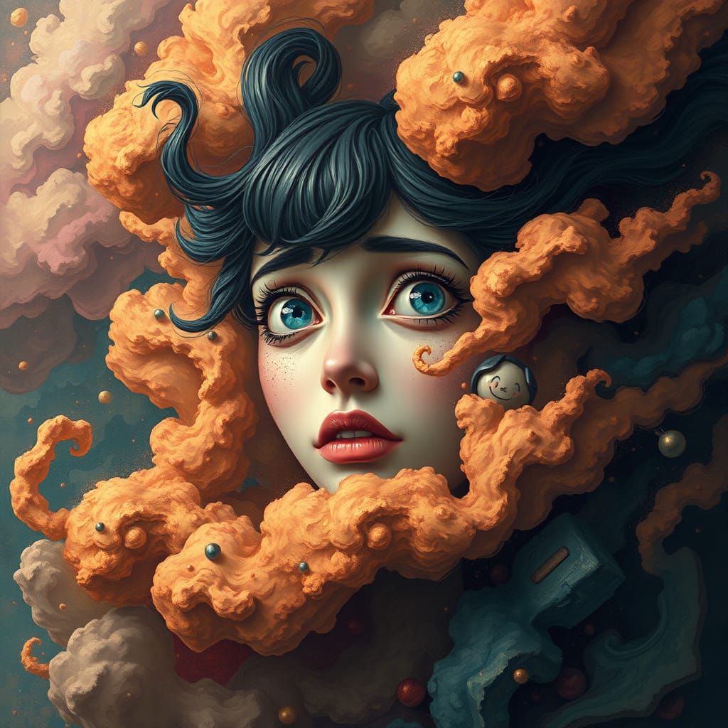 Bewildered Woman in Colorful, Surreal Dreamscape