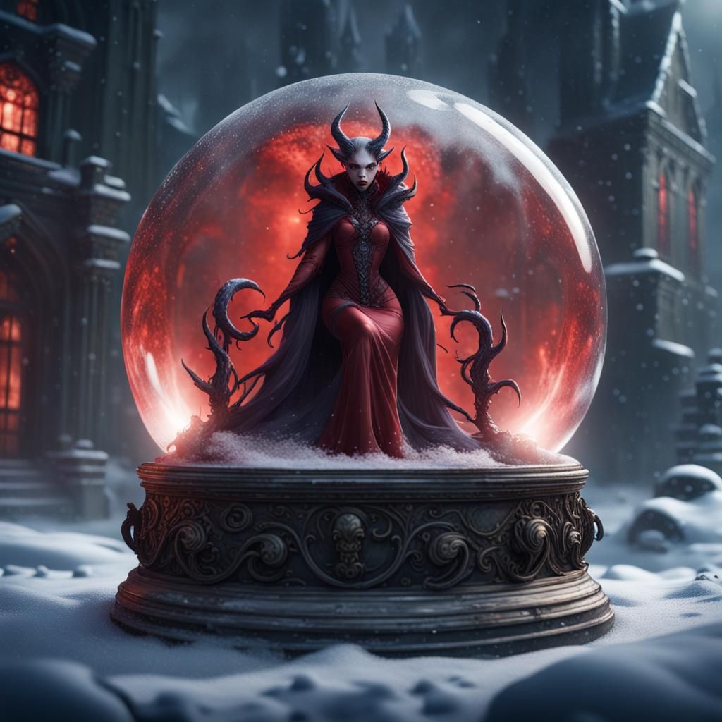 Demonic She-Devil in Snow Globe: Detailed Matte Painting