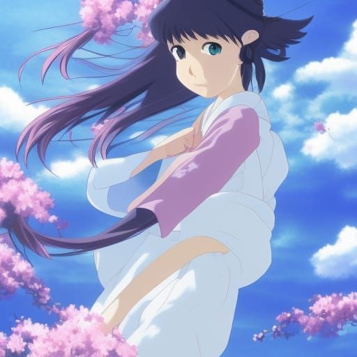 Blue Sakura Magical Girl in Studio Ghibli Style