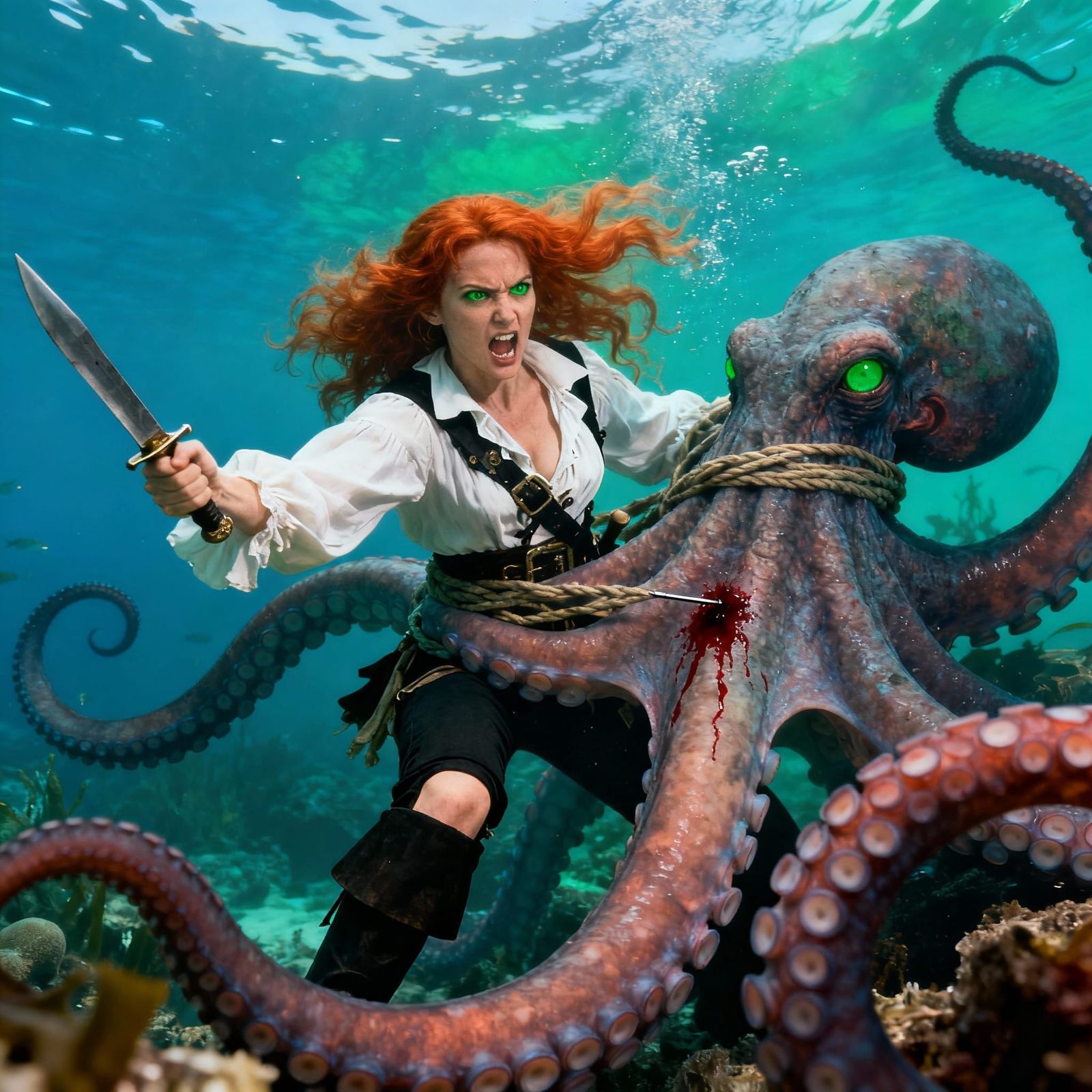 Ginger Pirate Battles Giant Octopus Underwater