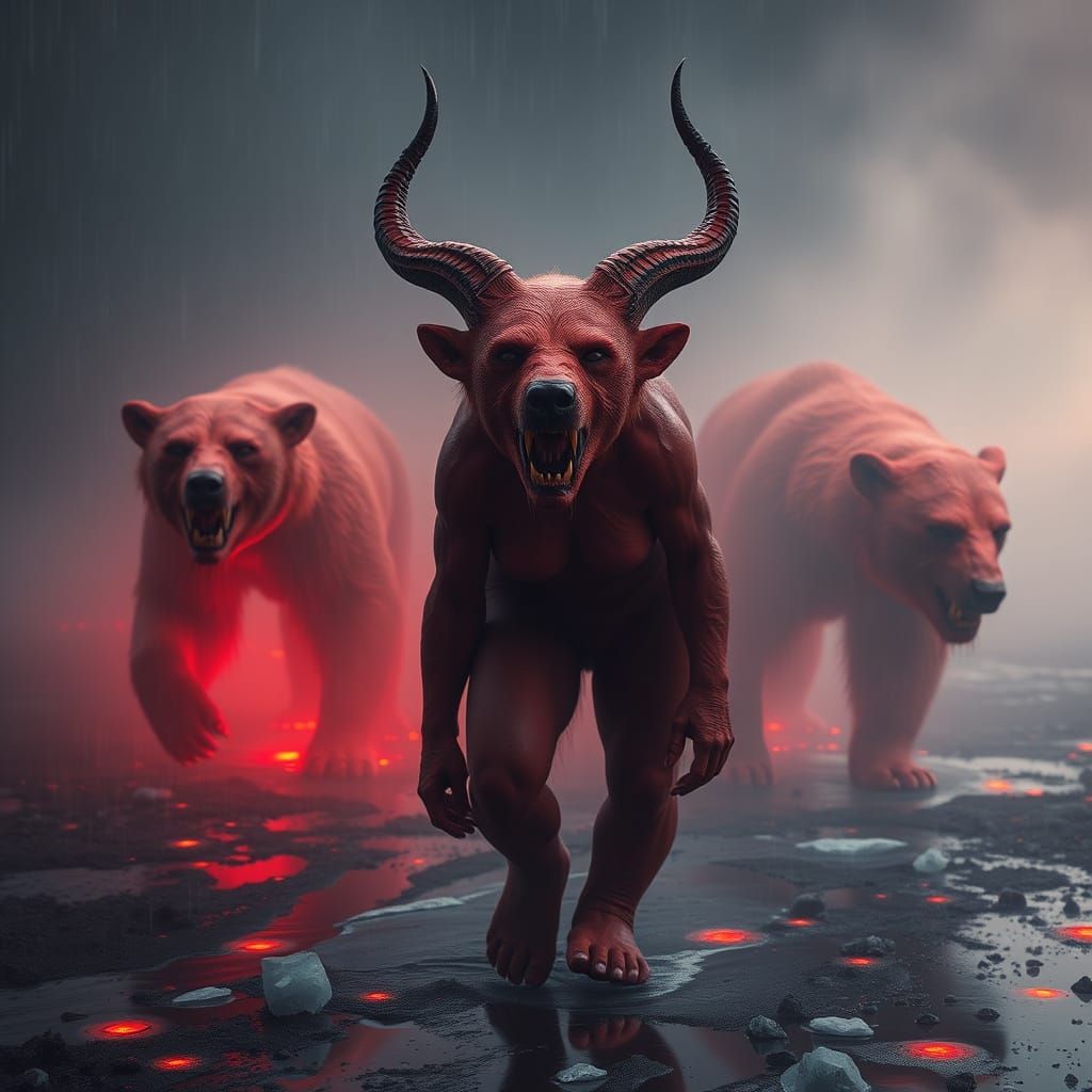 Hyperrealistic Red-Skinned Demon in Dystopian Horror Landsca...